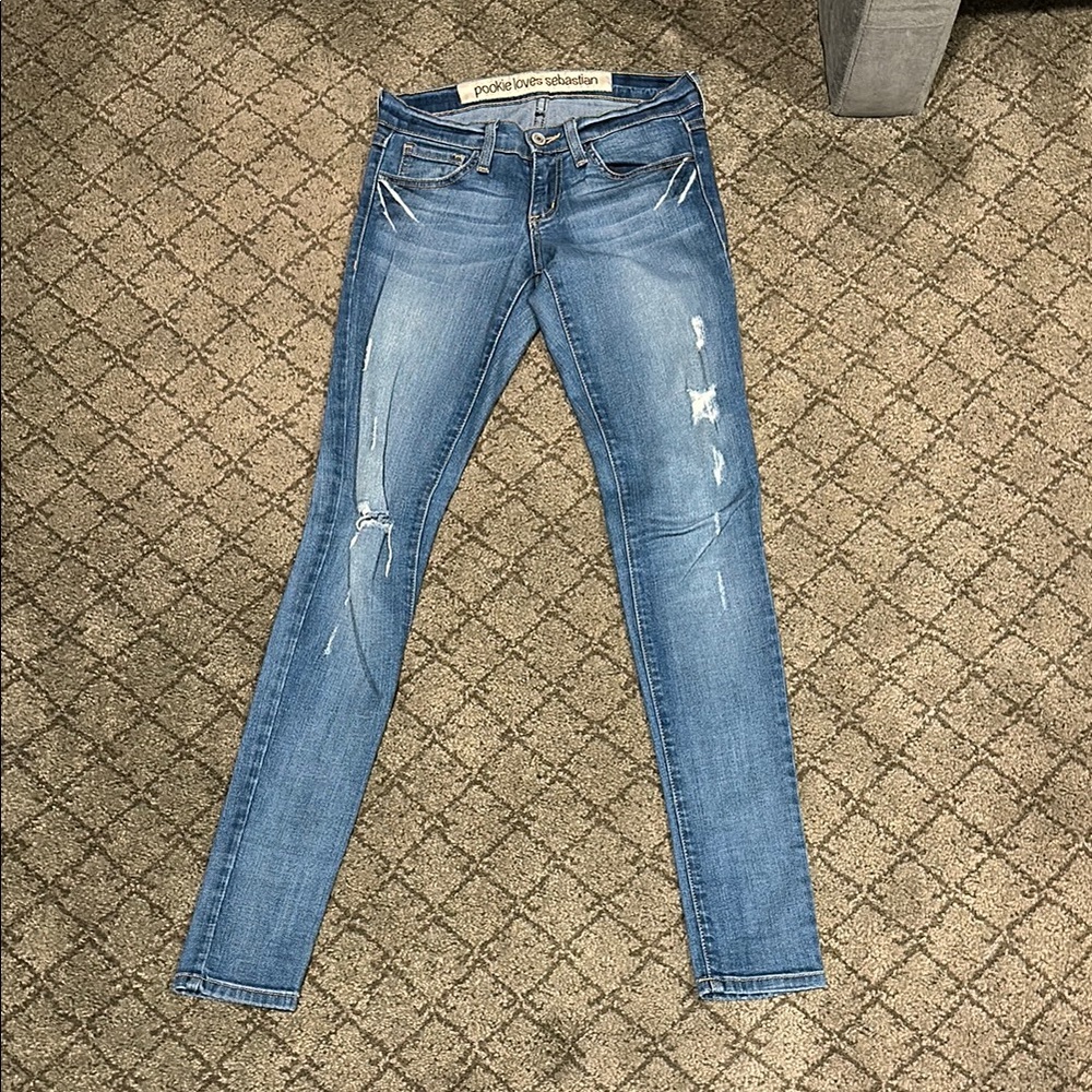 Blue Skinny Jeans with Distressed Details